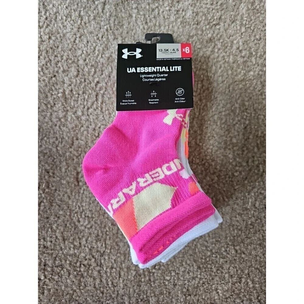 Under Armour Youth UA Essential Lite Quarter Socks Pink/Gray/White 6 Pair NEW